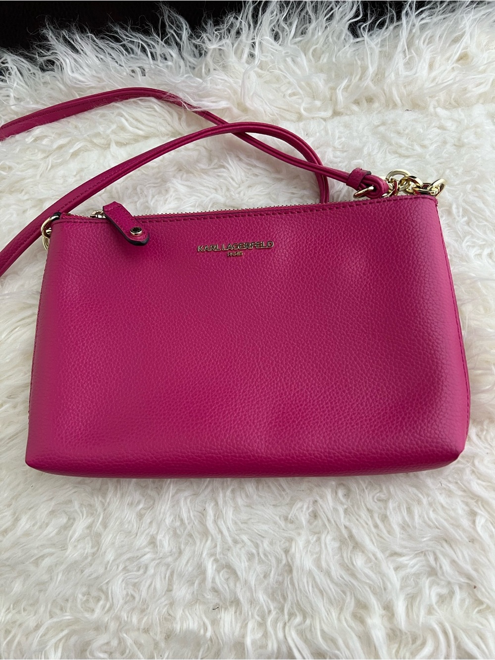 Karl Lagerfeld Fuchsia Pebble Leather Crossbody Bag with Gold Hardware